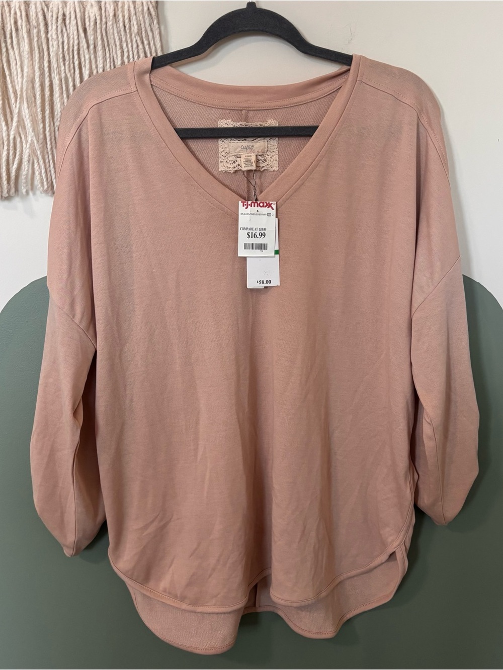Beige V-Neck Womens Top - Soft Draped Long Sleeve